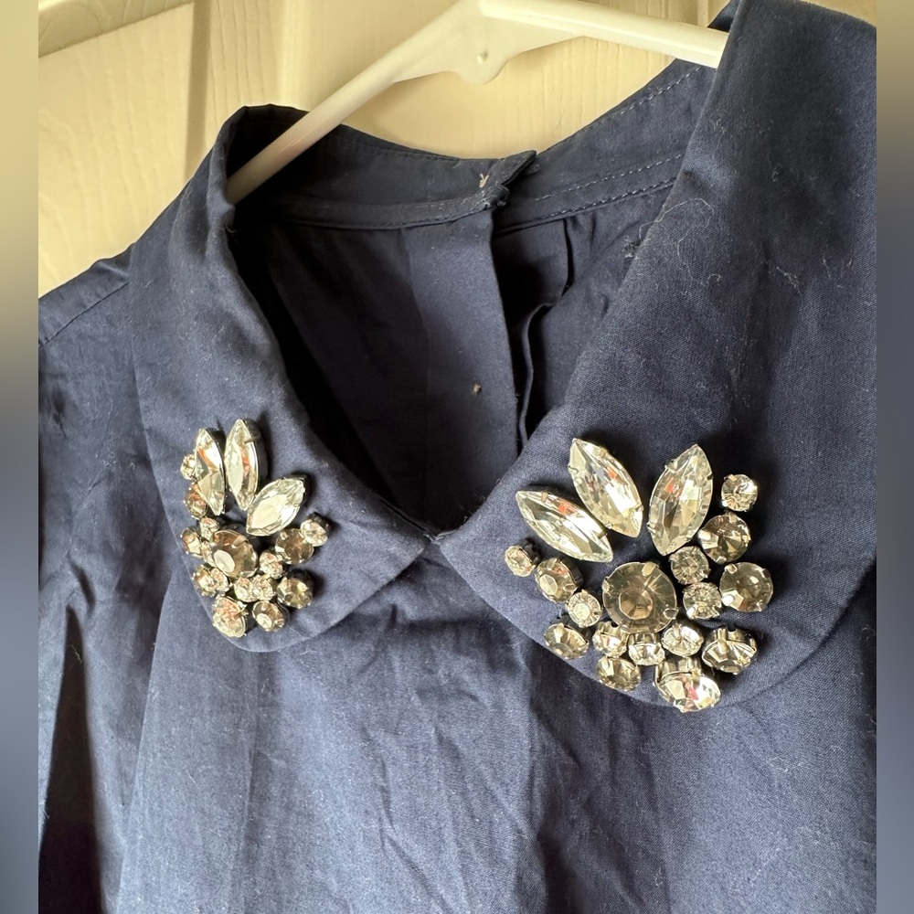 Madewell Navy Blouse with Crystal Embellishments
